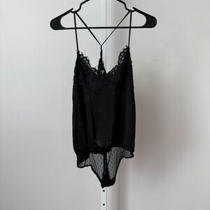 Free People Intimately sz SP Black Lace Trim Dot Mesh Teddy Bodysuit Mob Wife